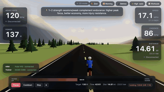 3D ride mode touring both worlds: Teton and Zion at morning, midday, evening and night, with the live HUD.